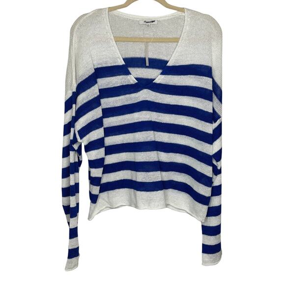 Madewell Sweaters - Madewell NWT Linen V-Neck Sweater White Blue Long Sleeve Winter Comfort XL